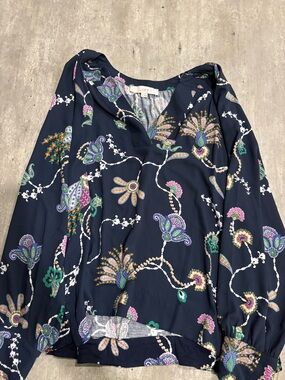 LOFT Navy Floral Paisley V-Neck Blouse